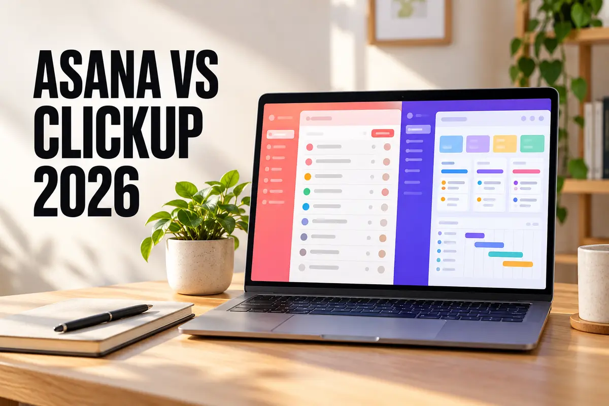 Asana vs ClickUp 2026 project management comparison displayed on a laptop