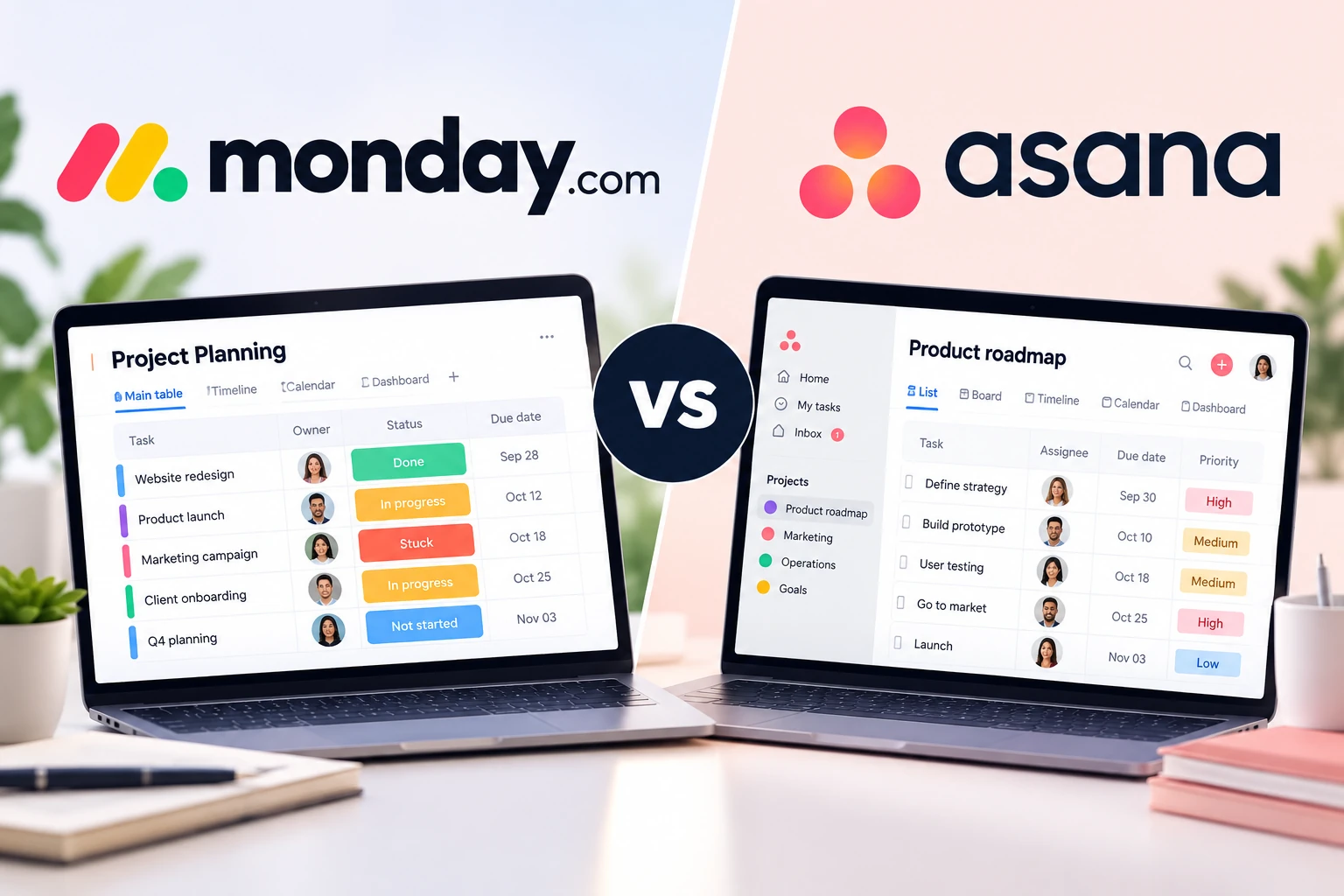 monday.com and Asana comparison showing visual project management dashboards
