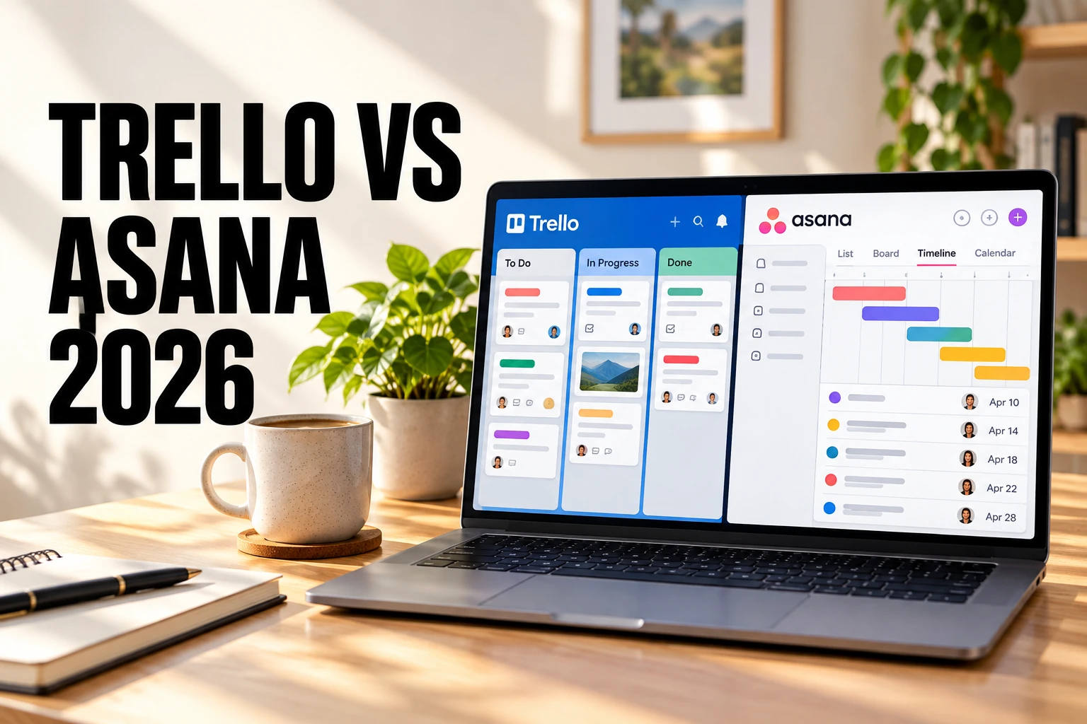Trello and Asana comparison showing a visual Kanban board and structured project management dashboard