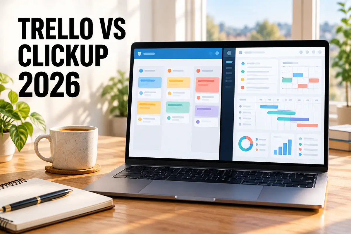 Trello and ClickUp comparison showing a simple Kanban board and an all-in-one project dashboard